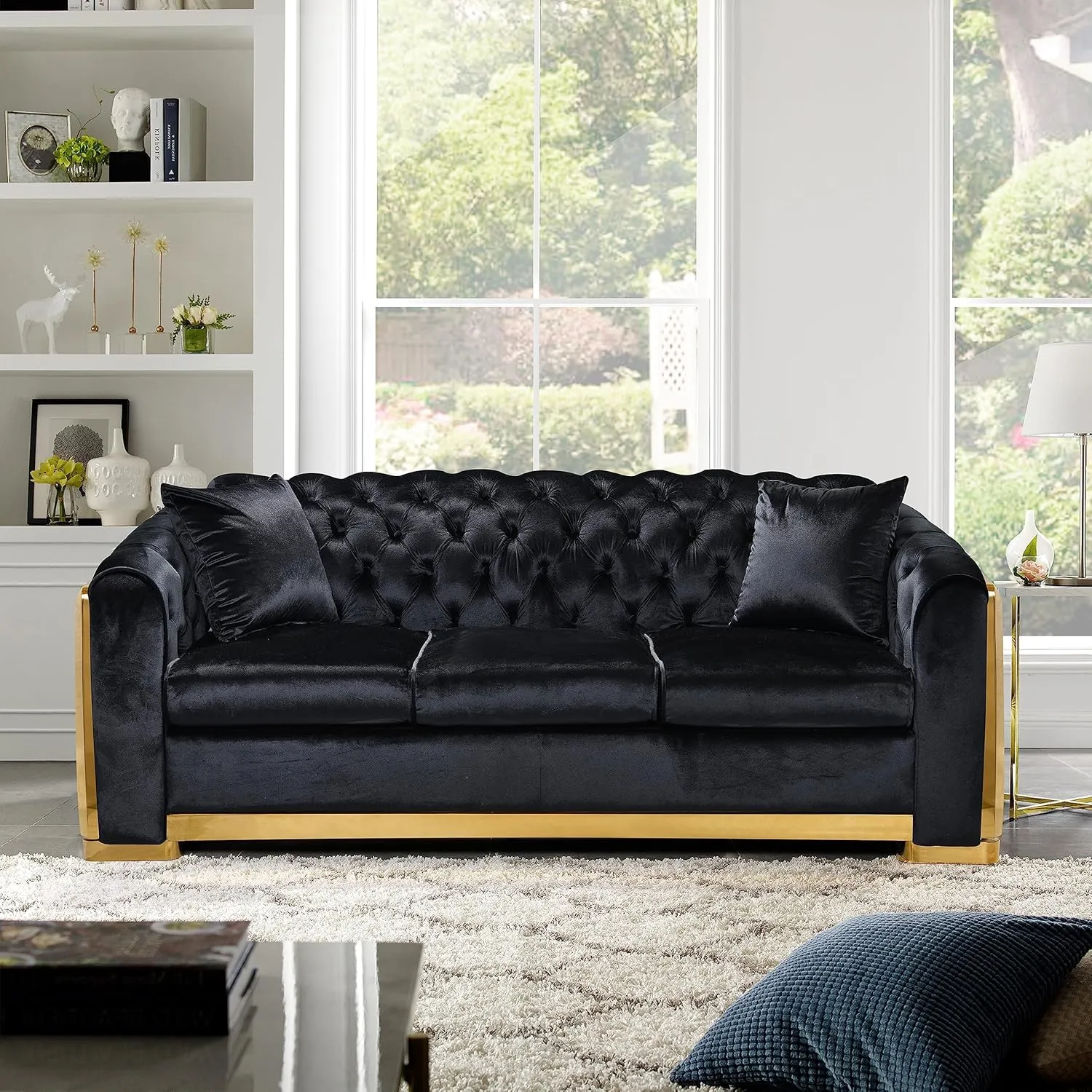 WILLIAMSPACE 81" Black Velvet Sofa Couch for Living Room, Modern 3 Seater Button Sofa Chesterfield Couch with Stainless Steel Gold Plating Decoration, Comfy Upholstered Furniture (Black)