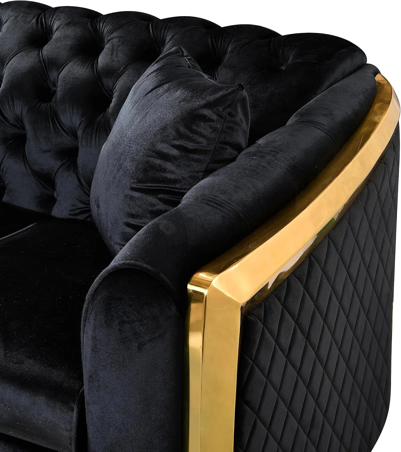 WILLIAMSPACE 81" Black Velvet Sofa Couch for Living Room, Modern 3 Seater Button Sofa Chesterfield Couch with Stainless Steel Gold Plating Decoration, Comfy Upholstered Furniture (Black)