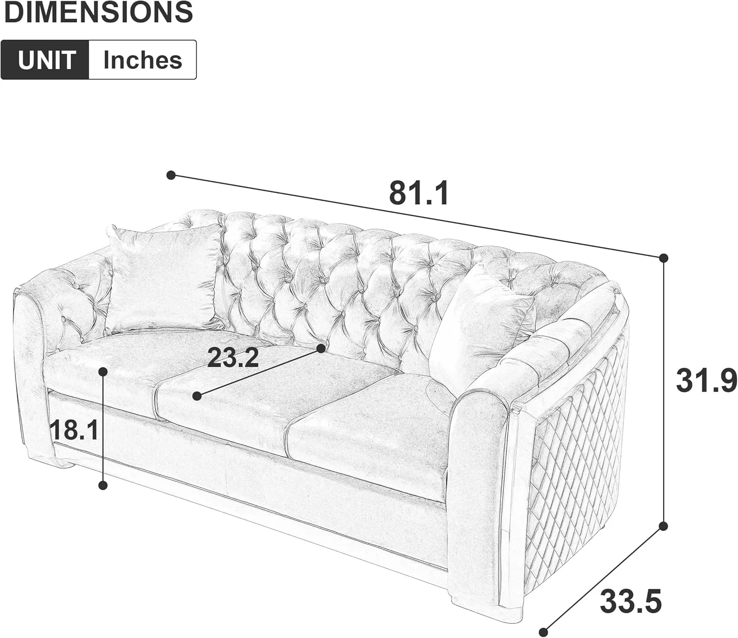 WILLIAMSPACE 81" Black Velvet Sofa Couch for Living Room, Modern 3 Seater Button Sofa Chesterfield Couch with Stainless Steel Gold Plating Decoration, Comfy Upholstered Furniture (Black)