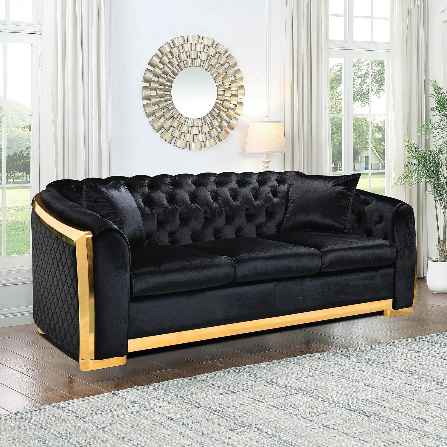 WILLIAMSPACE 81" Black Velvet Sofa Couch for Living Room, Modern 3 Seater Button Sofa Chesterfield Couch with Stainless Steel Gold Plating Decoration, Comfy Upholstered Furniture (Black)