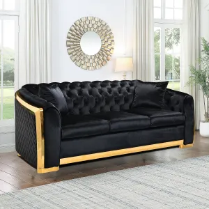 WILLIAMSPACE 81" Black Velvet Sofa Couch for Living Room, Modern 3 Seater Button Sofa Chesterfield Couch with Stainless Steel Gold Plating Decoration, Comfy Upholstered Furniture (Black)