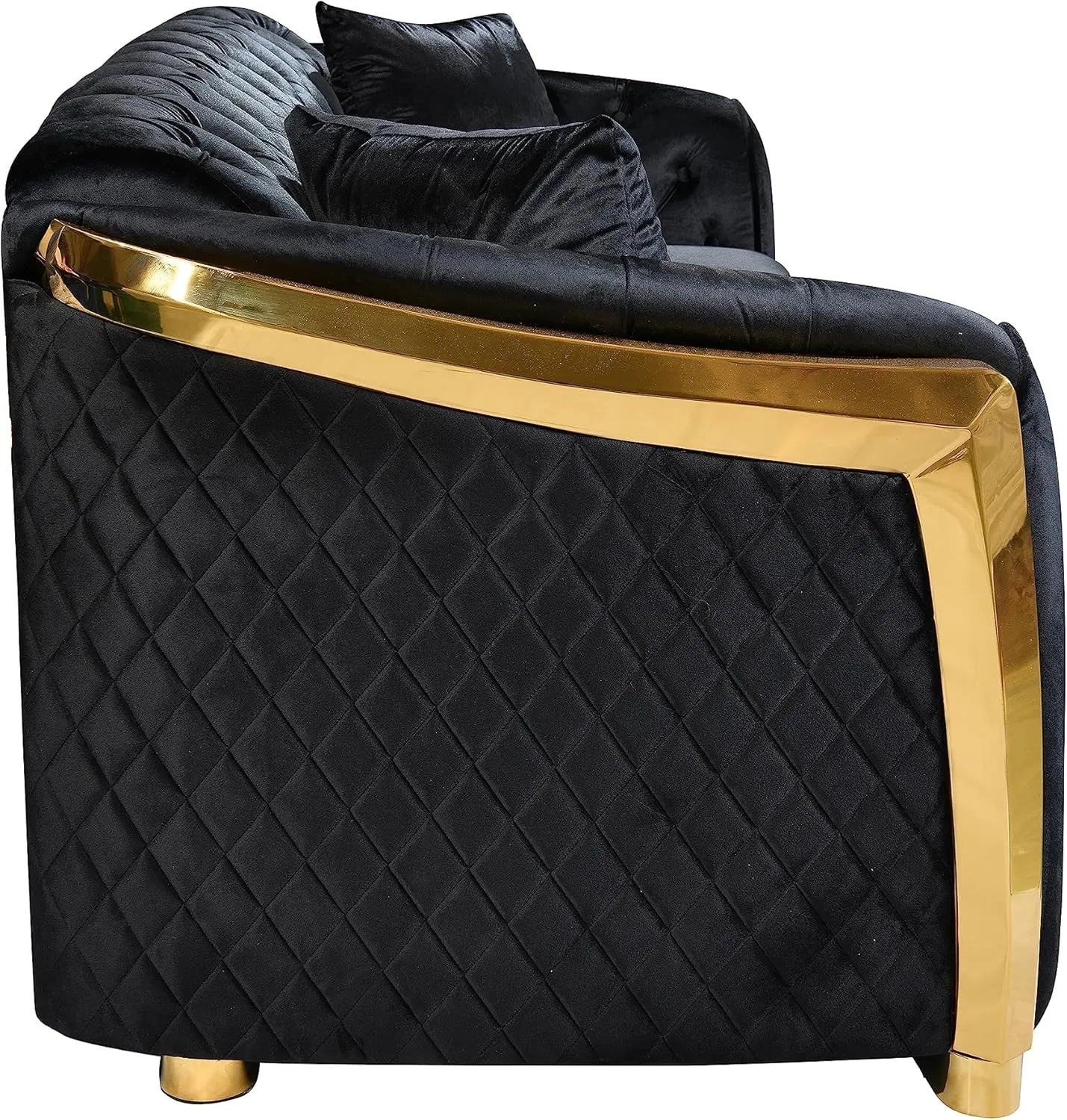 WILLIAMSPACE 81" Black Velvet Sofa Couch for Living Room, Modern 3 Seater Button Sofa Chesterfield Couch with Stainless Steel Gold Plating Decoration, Comfy Upholstered Furniture (Black)