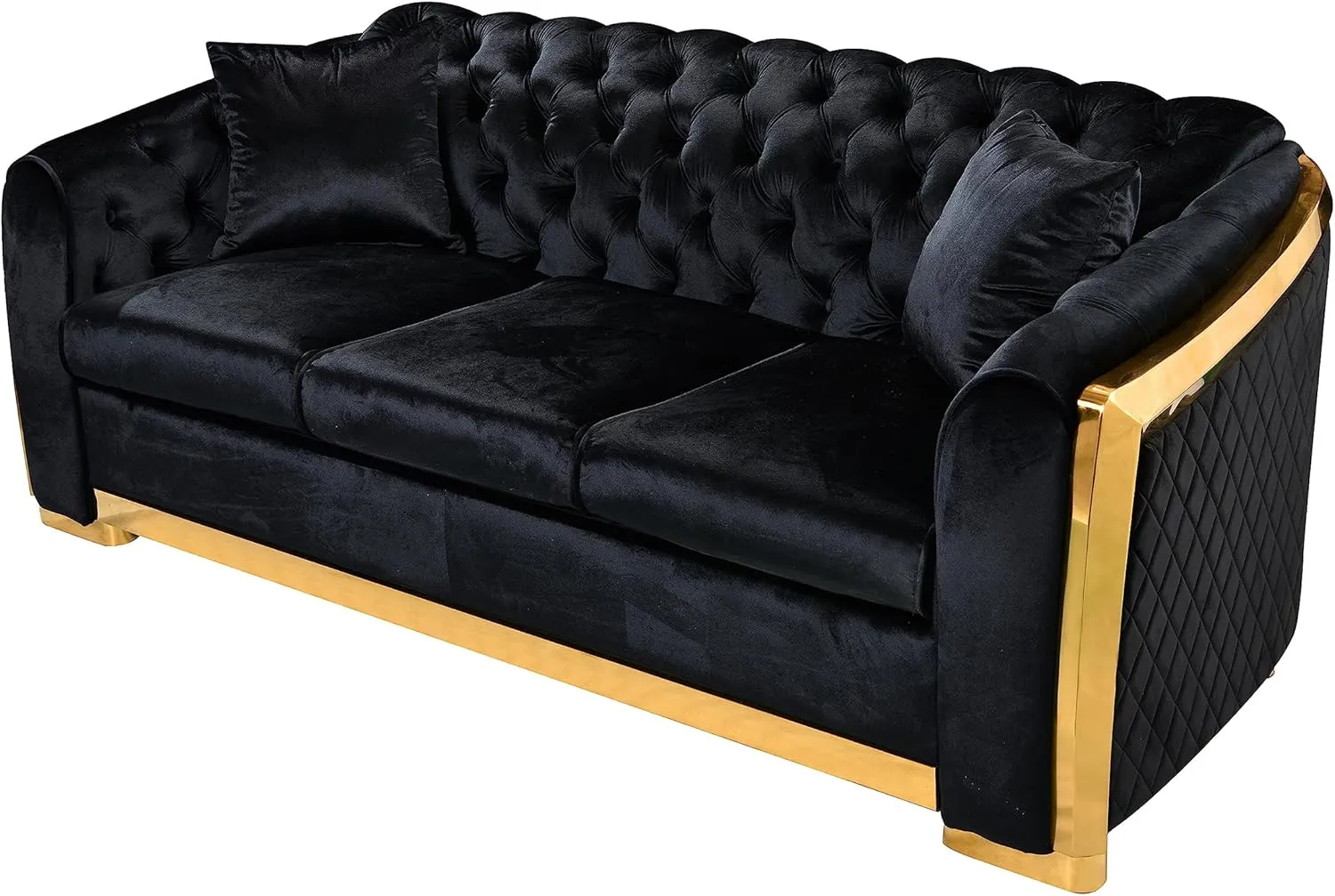 WILLIAMSPACE 81" Black Velvet Sofa Couch for Living Room, Modern 3 Seater Button Sofa Chesterfield Couch with Stainless Steel Gold Plating Decoration, Comfy Upholstered Furniture (Black)
