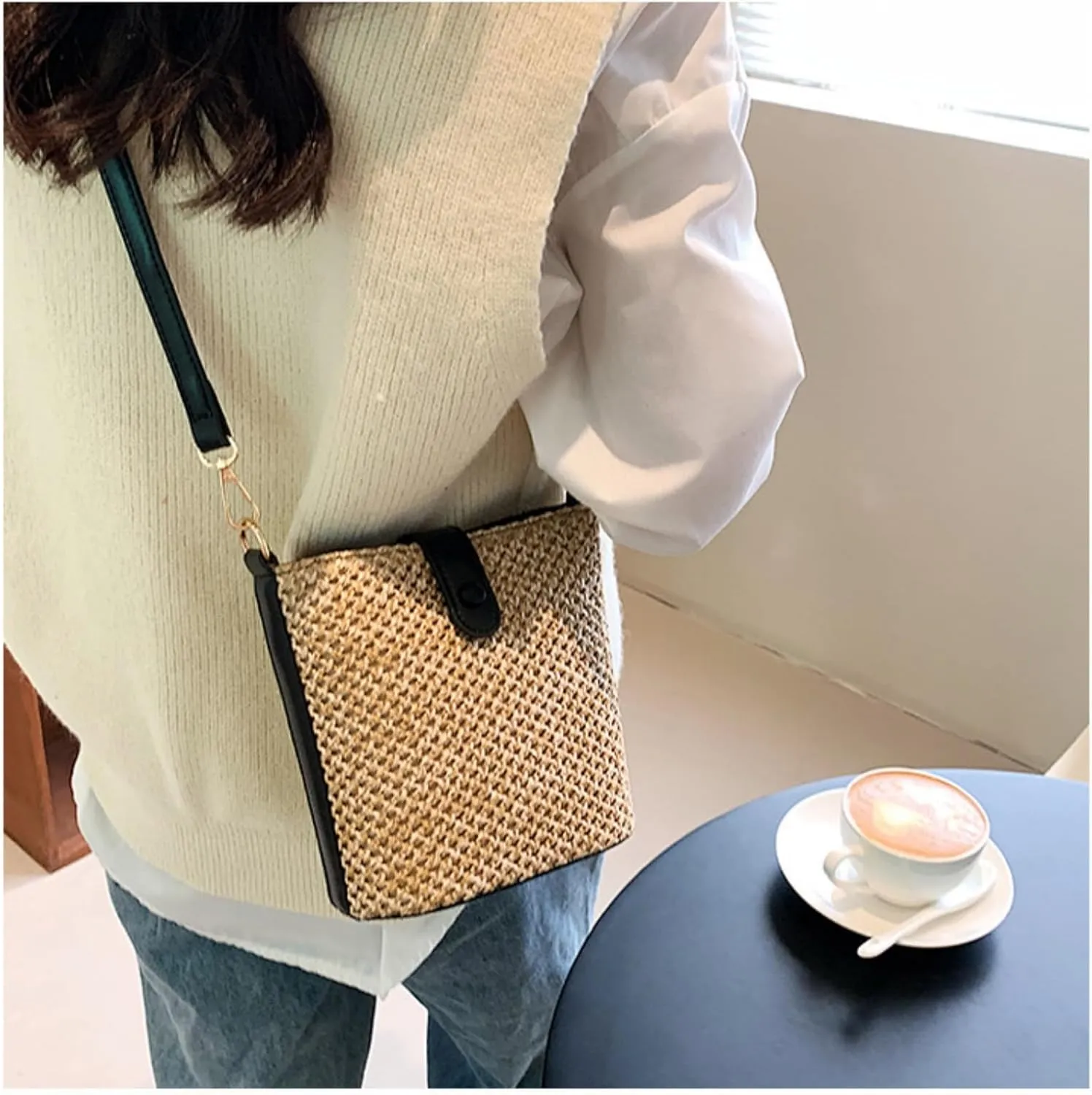 Women 2025 Summer Purse Straw Woven Cross Body Bucket Bag Trendy Shoulder Handbag Casual Tote Travel Beach