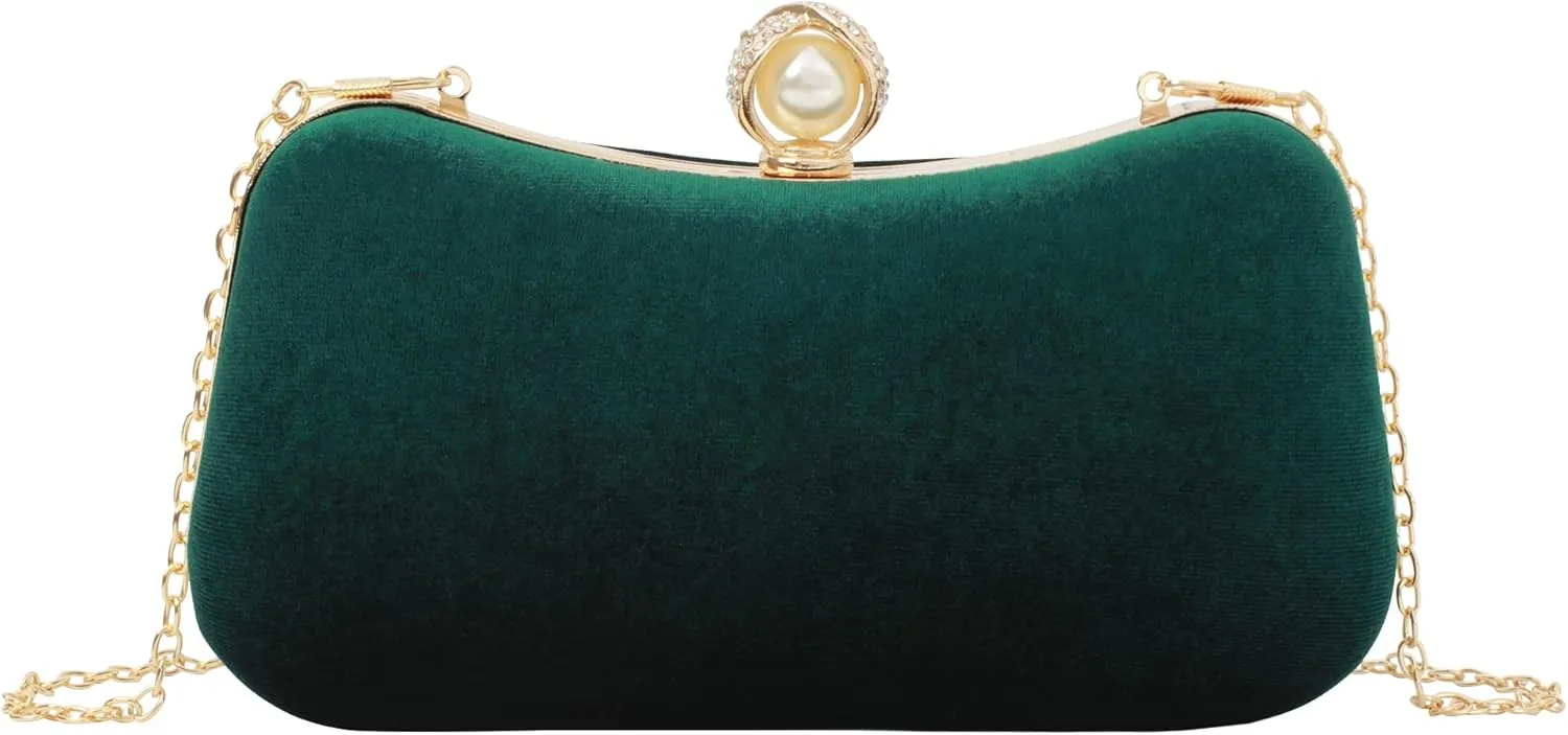 Women Mini Rhinestone False Pearls Velvet Evening Clutch Cross-body Shoulder Bag