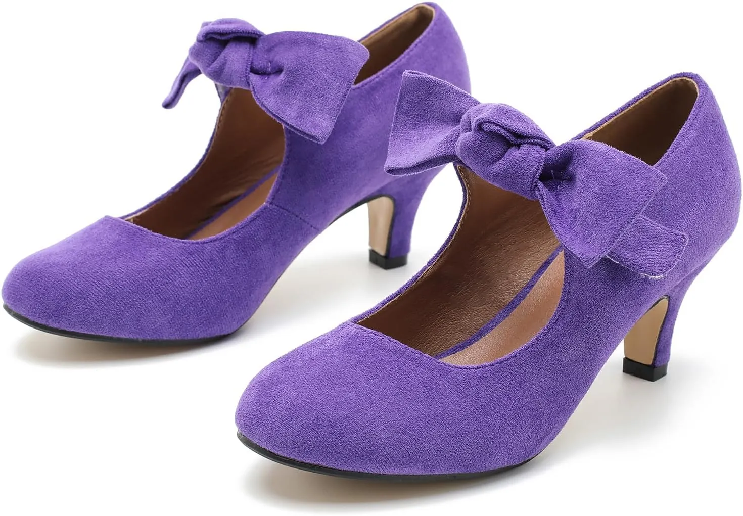 Women's Bow Mary Jane Kitten Heels Pumps Round Toe Low Heels Ankle Strap Wedding Dress Evening Party Shoes