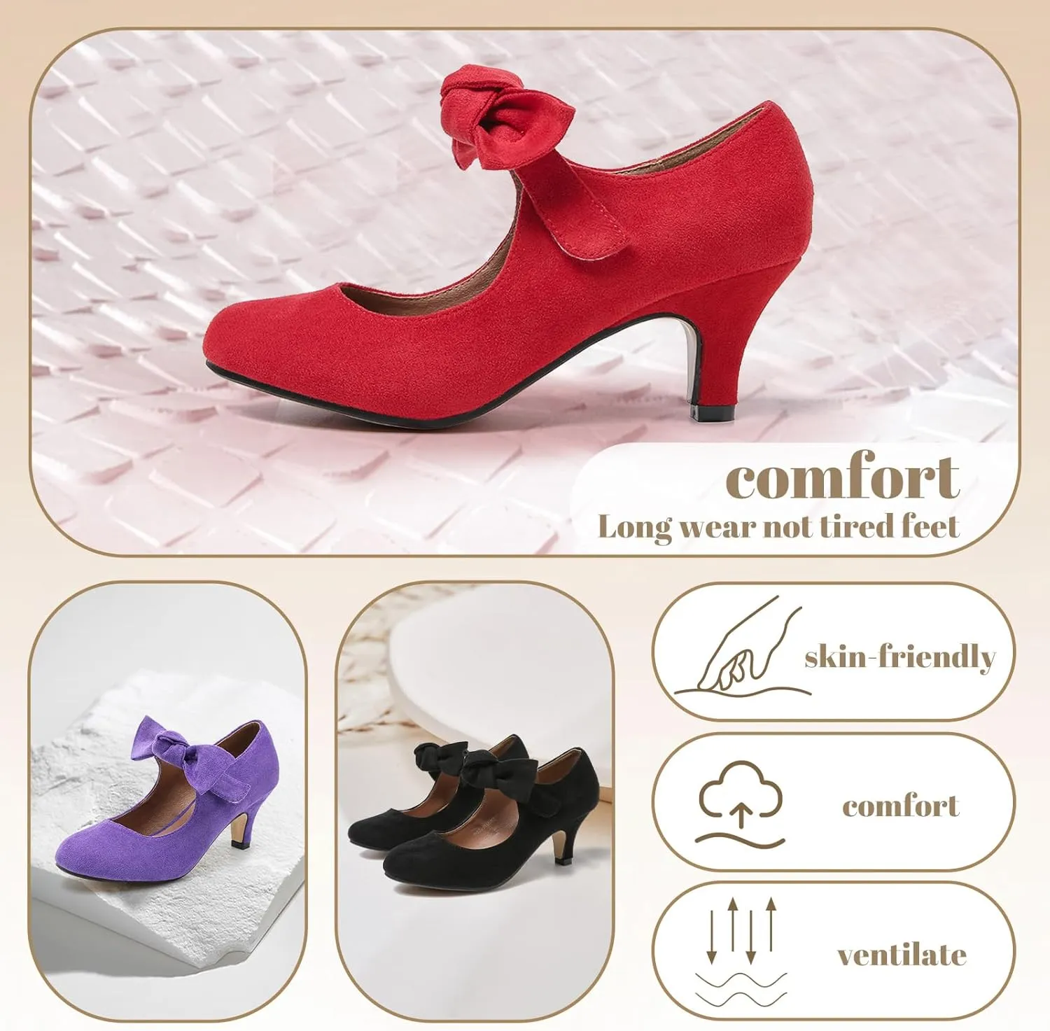 Women's Bow Mary Jane Kitten Heels Pumps Round Toe Low Heels Ankle Strap Wedding Dress Evening Party Shoes
