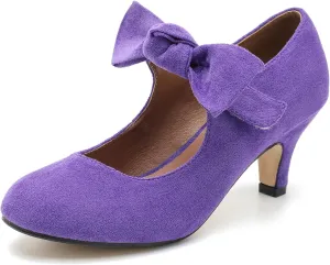 Women's Bow Mary Jane Kitten Heels Pumps Round Toe Low Heels Ankle Strap Wedding Dress Evening Party Shoes