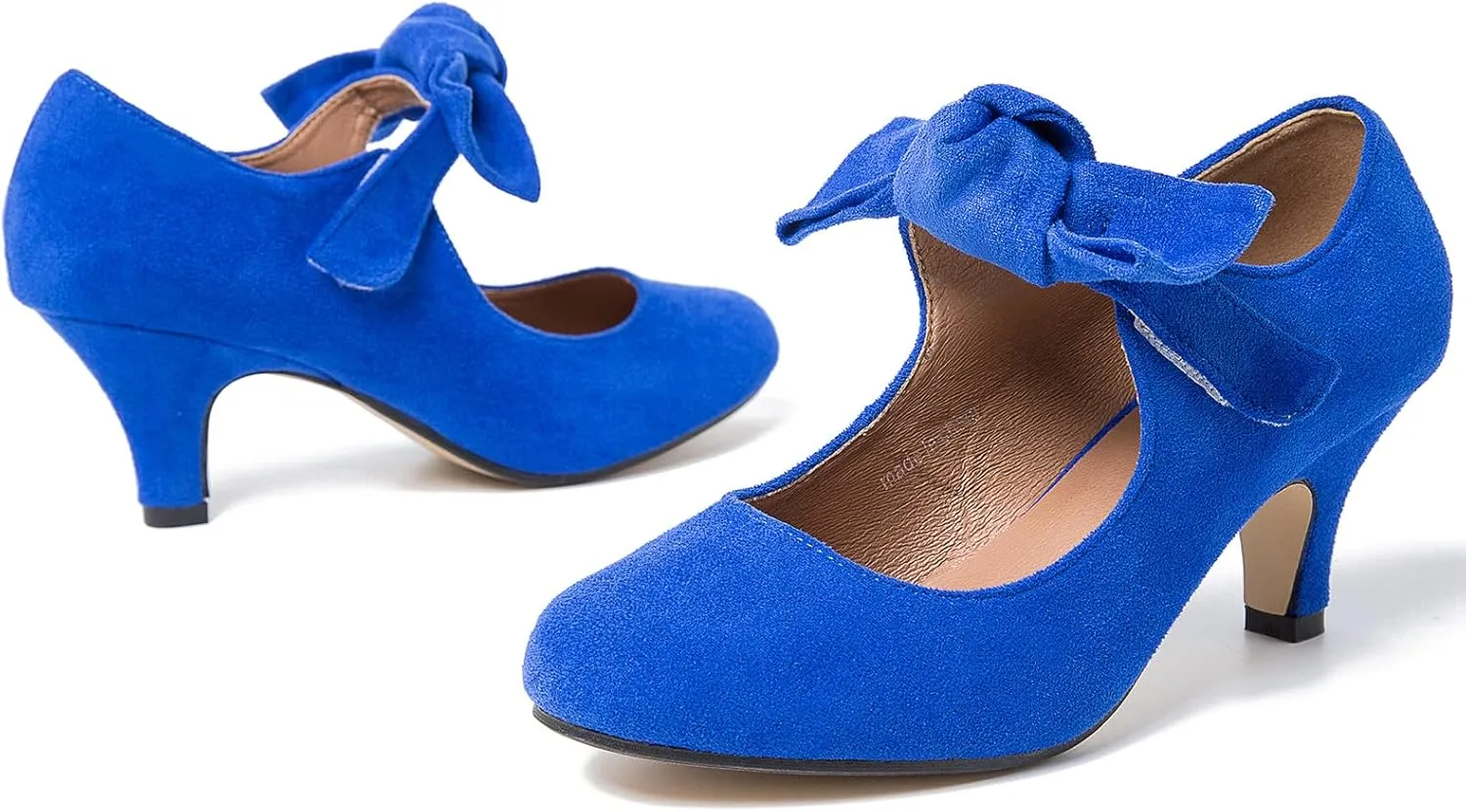 Women's Bow Mary Jane Kitten Heels Pumps Round Toe Low Heels Ankle Strap Wedding Dress Evening Party Shoes