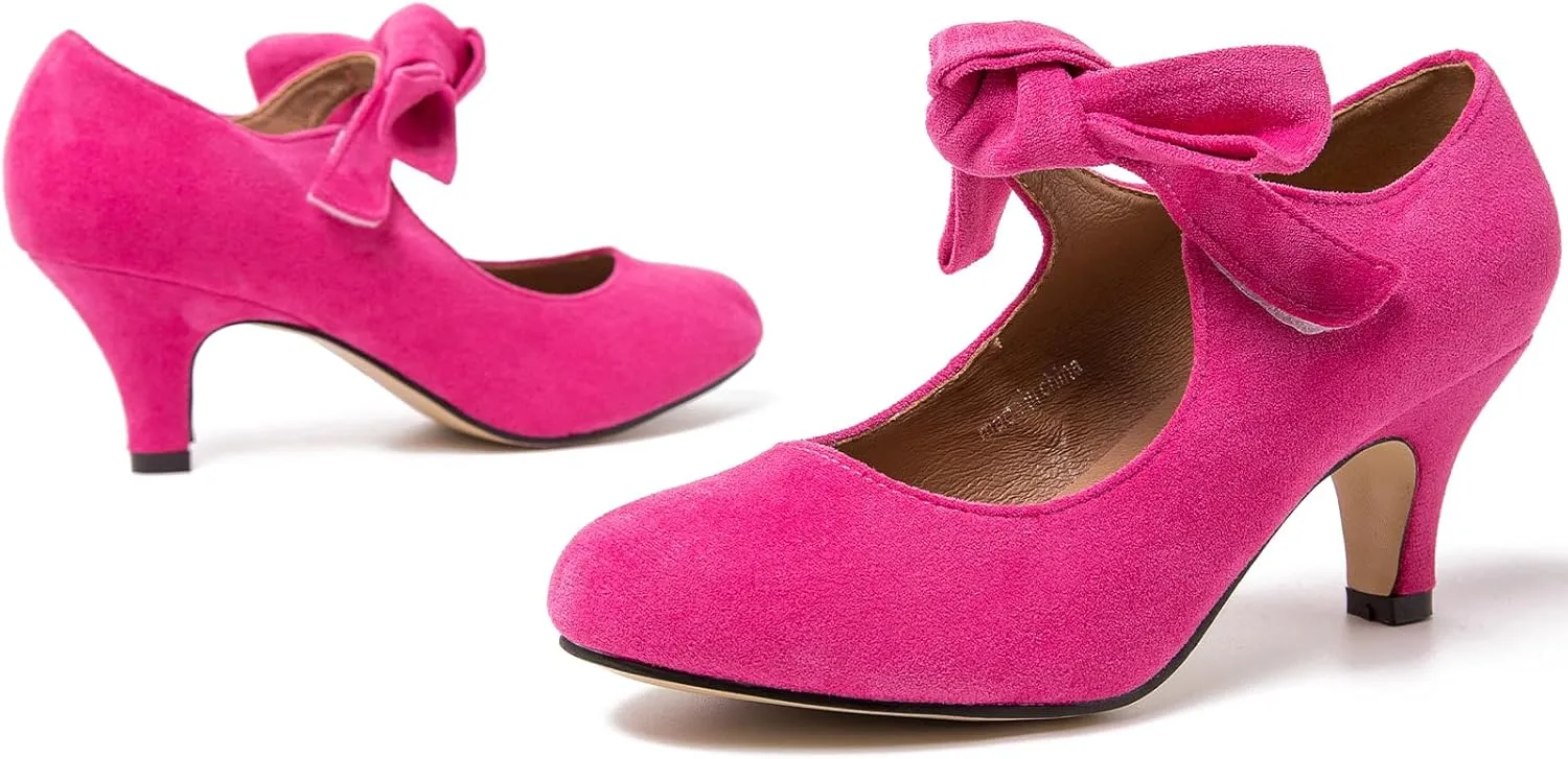 Women's Bow Mary Jane Kitten Heels Pumps Round Toe Low Heels Ankle Strap Wedding Dress Evening Party Shoes