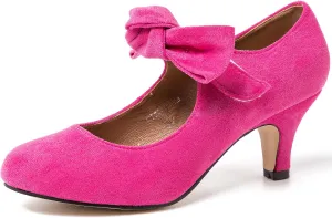Women's Bow Mary Jane Kitten Heels Pumps Round Toe Low Heels Ankle Strap Wedding Dress Evening Party Shoes