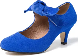 Women's Bow Mary Jane Kitten Heels Pumps Round Toe Low Heels Ankle Strap Wedding Dress Evening Party Shoes