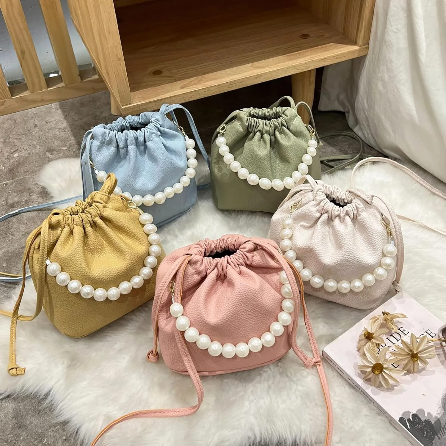 Womens Bucket Bag Purse Fashion Pearl Top-Handle Bags PU Leather Small Crossbody Bags Lightweight Shoulder Bag