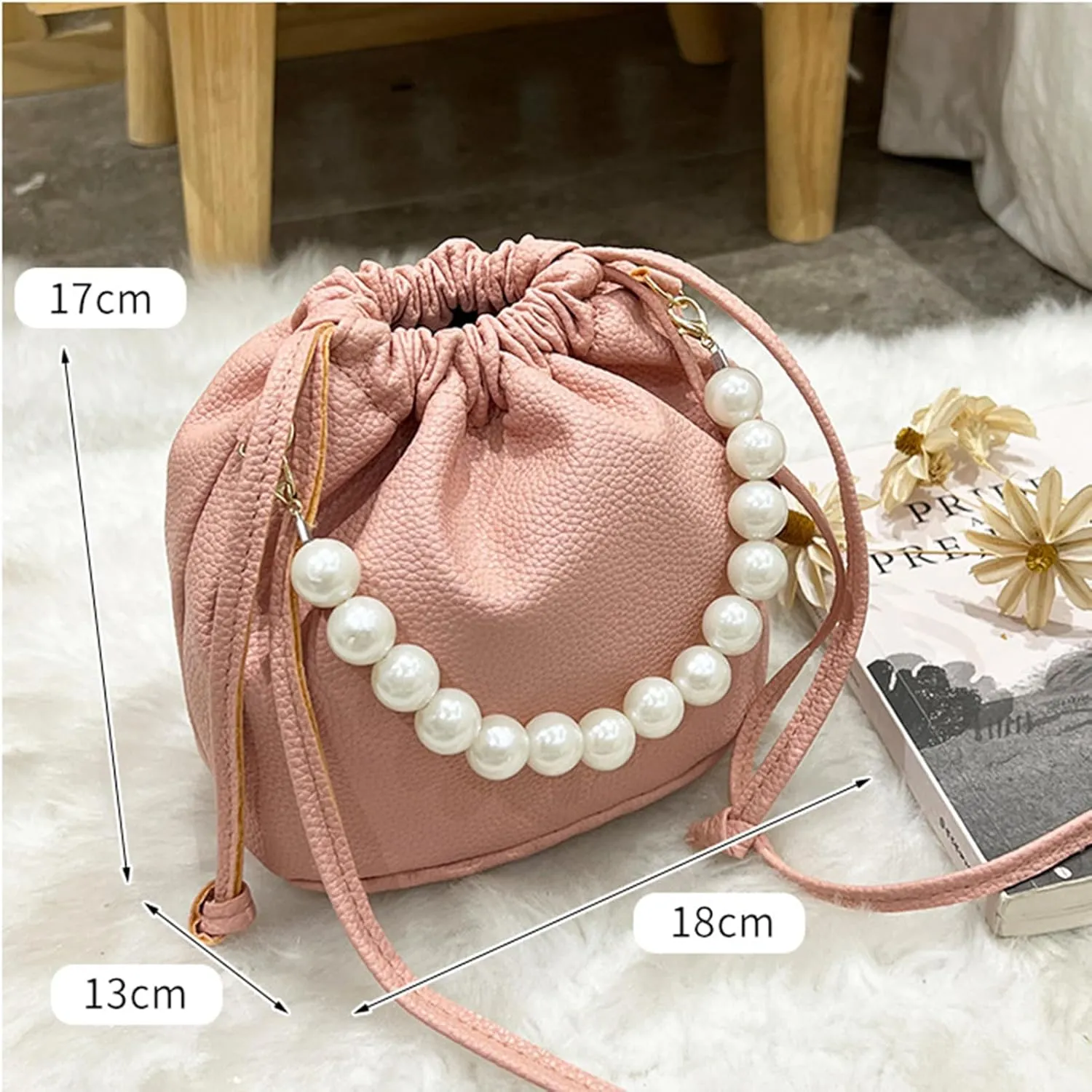 Womens Bucket Bag Purse Fashion Pearl Top-Handle Bags PU Leather Small Crossbody Bags Lightweight Shoulder Bag