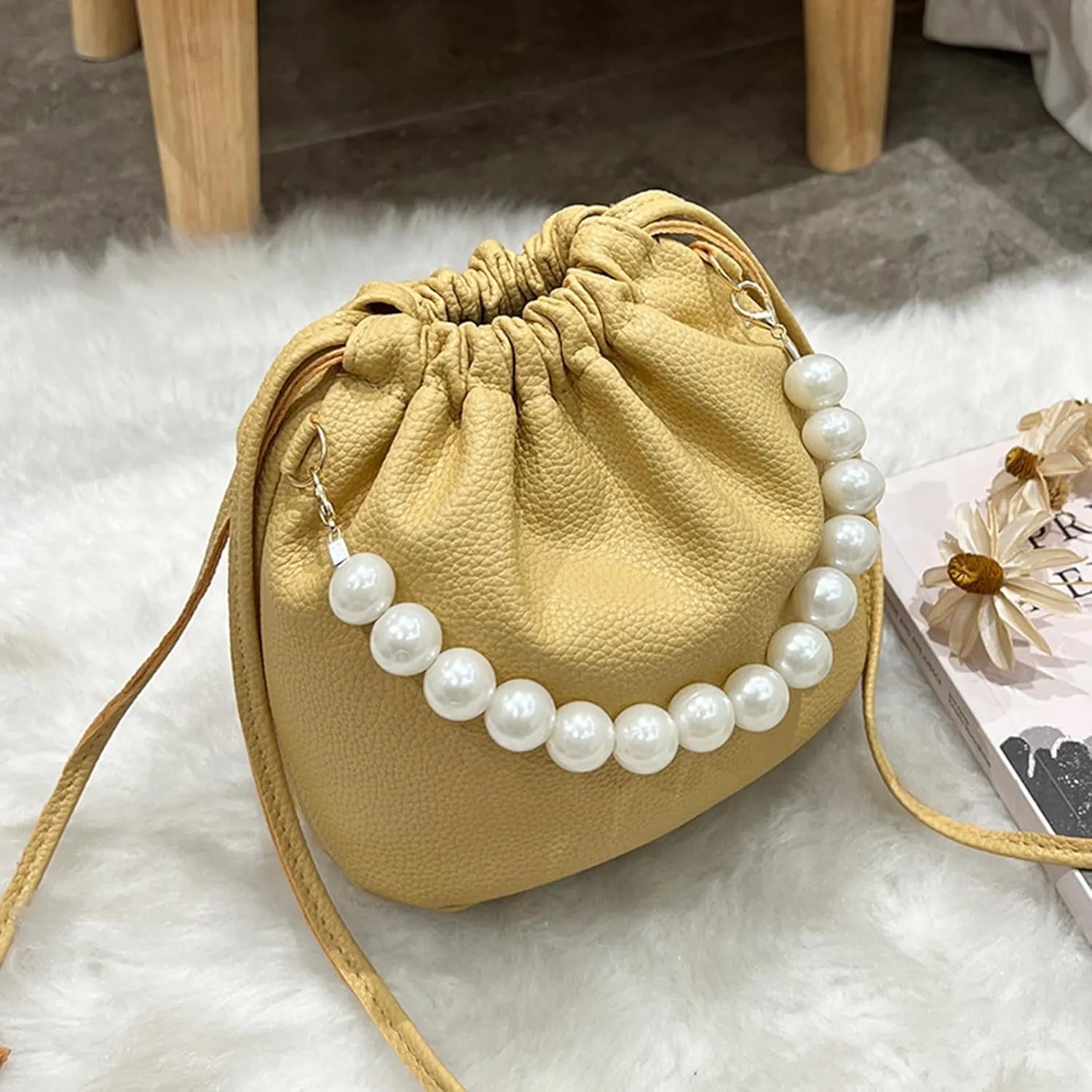 Womens Bucket Bag Purse Fashion Pearl Top-Handle Bags PU Leather Small Crossbody Bags Lightweight Shoulder Bag