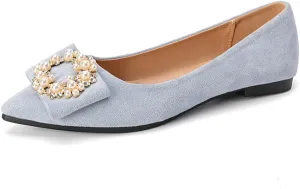 Women's Cream Suede Ballet Flats - Pearl & Crystal Bow Accent | Luxe Pointed Toe with Taupe Lining & Low-Profile Sole (6 Elegant Shades)