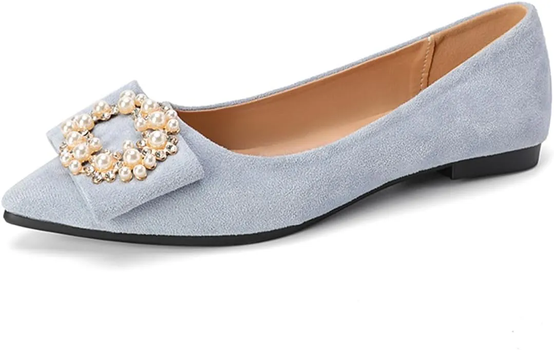 Women's Cream Suede Ballet Flats - Pearl & Crystal Bow Accent | Luxe Pointed Toe with Taupe Lining & Low-Profile Sole (6 Elegant Shades)