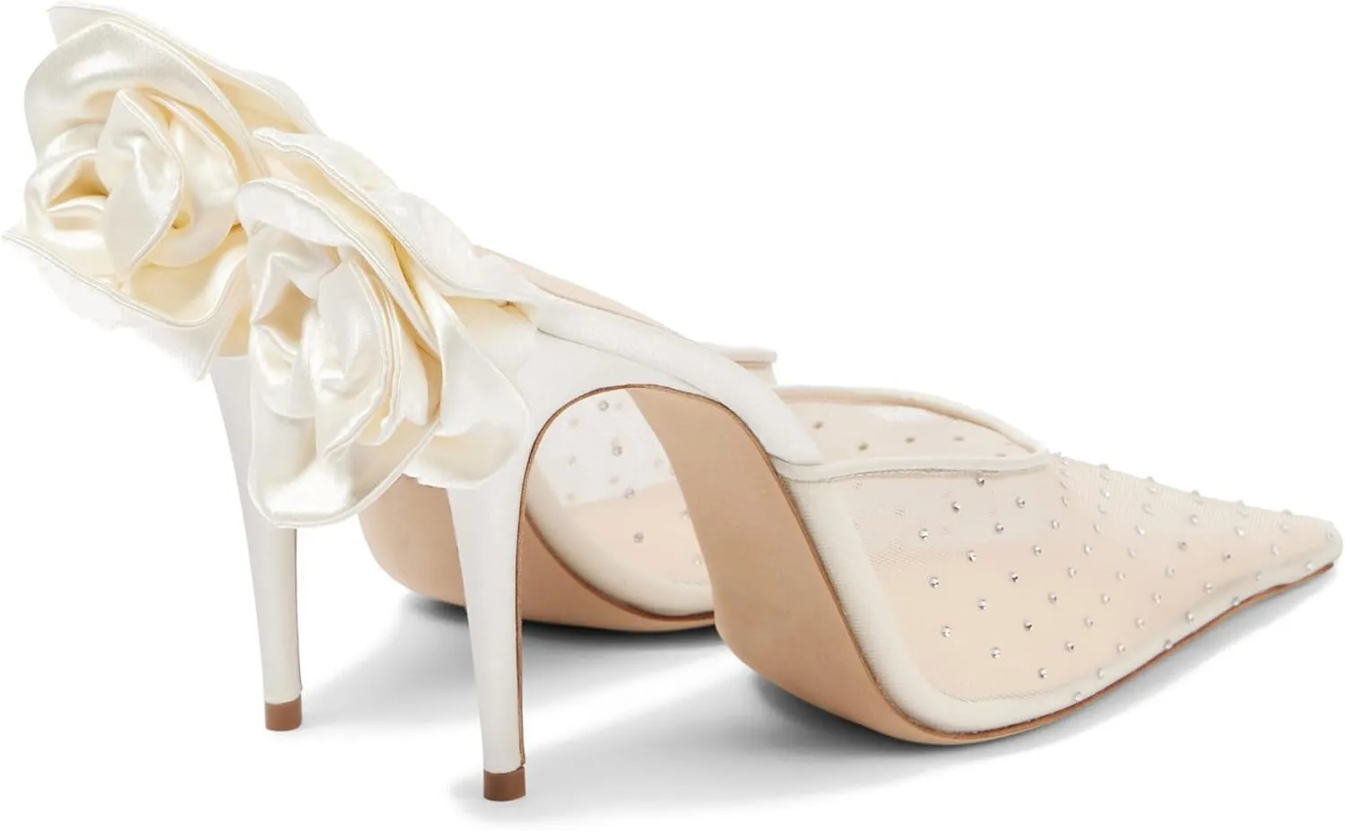 Women's Crystal Embellished Mesh Pumps Floral Applique Stilettos Pointed Toe Slip On Heeled Mules Banquet Dress Wedding Heels