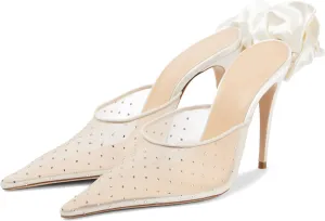 Women's Crystal Embellished Mesh Pumps Floral Applique Stilettos Pointed Toe Slip On Heeled Mules Banquet Dress Wedding Heels