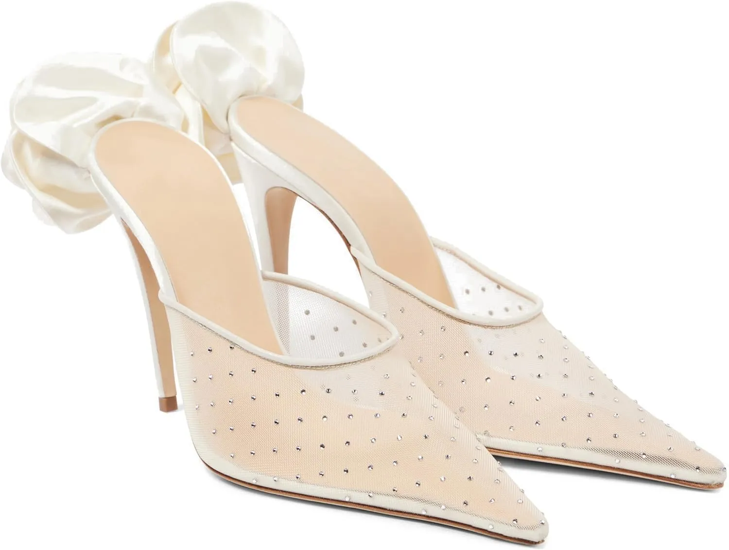 Women's Crystal Embellished Mesh Pumps Floral Applique Stilettos Pointed Toe Slip On Heeled Mules Banquet Dress Wedding Heels