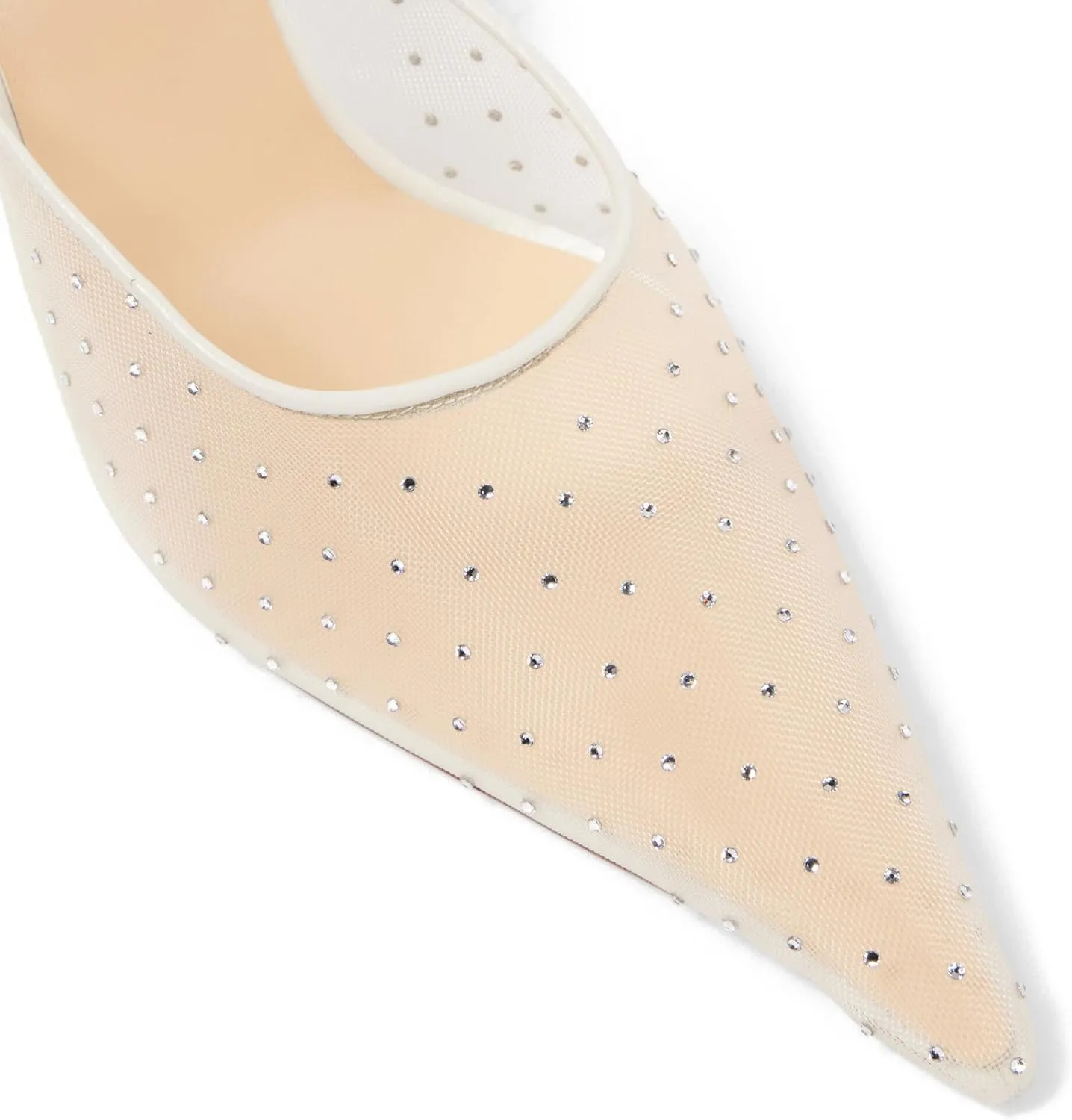 Women's Crystal Embellished Mesh Pumps Floral Applique Stilettos Pointed Toe Slip On Heeled Mules Banquet Dress Wedding Heels