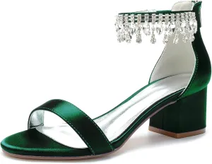 Women's Crystal Satin Wedding Shoes for Bride Low Heels Comfortable Bridal Shoes White Block Heels Chunky Formal Evening Party Prom Sandals Pumps