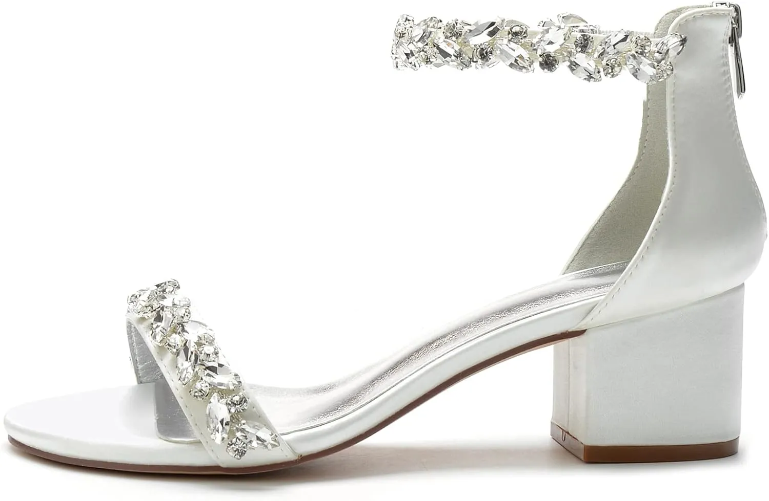 Women's Crystal Satin Wedding Shoes for Bride Low Heels Comfortable Bridal Shoes White Block Heels Chunky Formal Evening Party Prom Sandals Pumps