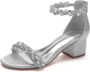 Women's Crystal Satin Wedding Shoes for Bride Low Heels Comfortable Bridal Shoes White Block Heels Chunky Formal Evening Party Prom Sandals Pumps
