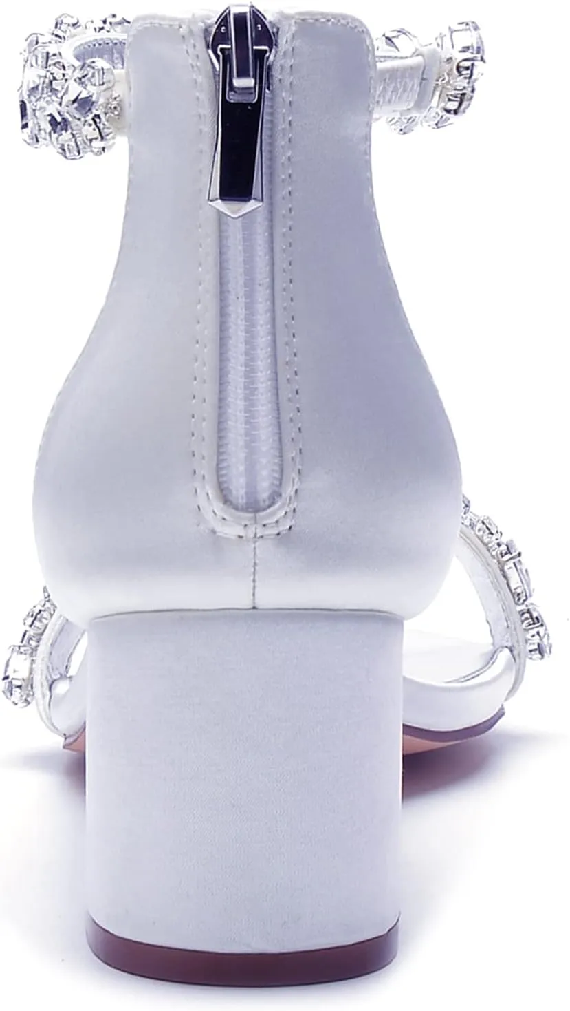 Women's Crystal Satin Wedding Shoes for Bride Low Heels Comfortable Bridal Shoes White Block Heels Chunky Formal Evening Party Prom Sandals Pumps