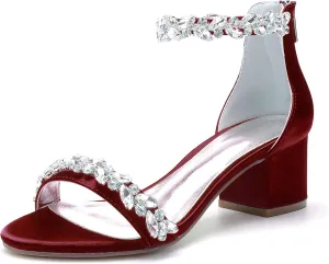 Women's Crystal Satin Wedding Shoes for Bride Low Heels Comfortable Bridal Shoes White Block Heels Chunky Formal Evening Party Prom Sandals Pumps