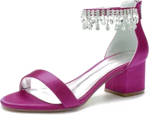 Women's Crystal Satin Wedding Shoes for Bride Low Heels Comfortable Bridal Shoes White Block Heels Chunky Formal Evening Party Prom Sandals Pumps