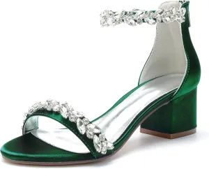 Women's Crystal Satin Wedding Shoes for Bride Low Heels Comfortable Bridal Shoes White Block Heels Chunky Formal Evening Party Prom Sandals Pumps