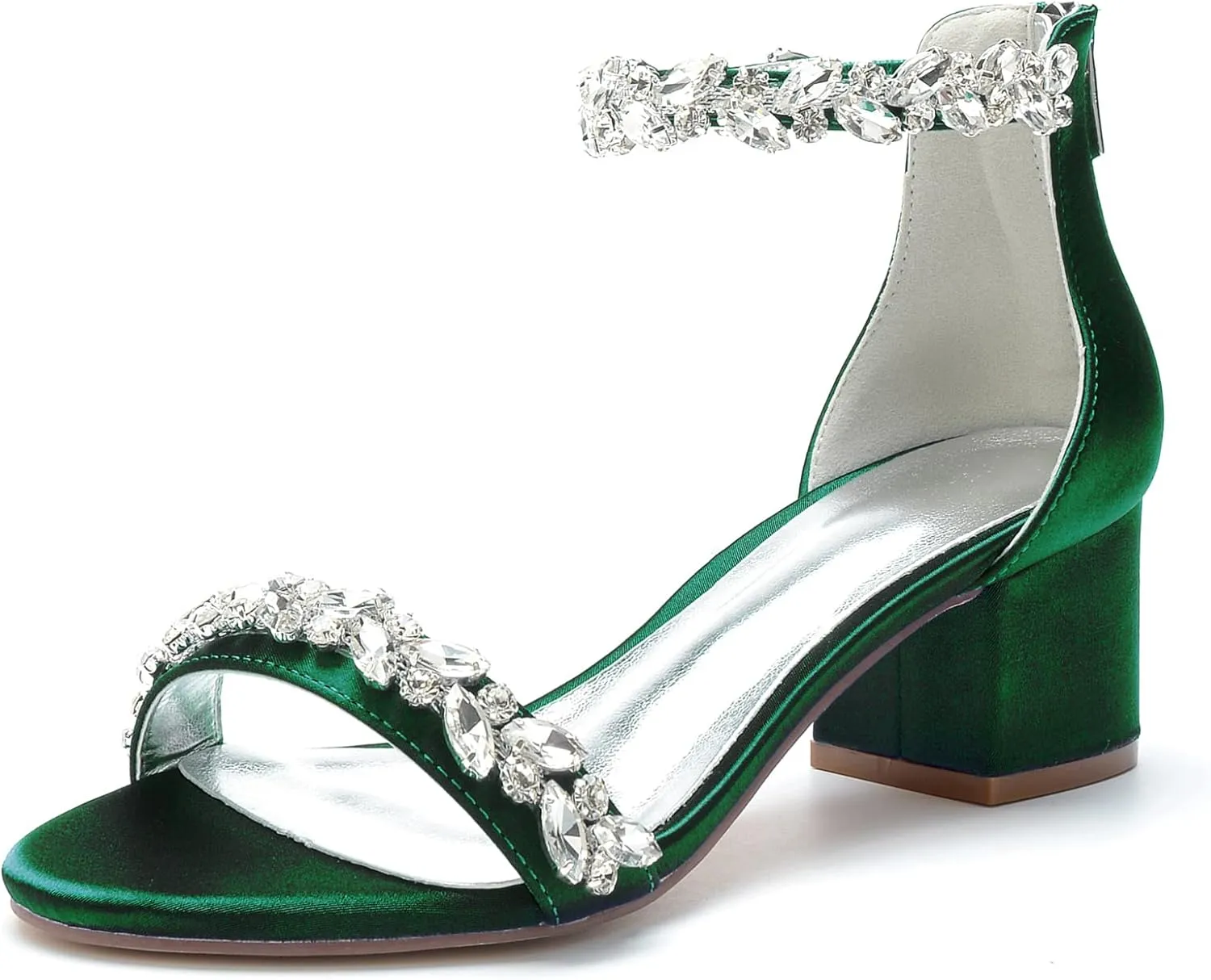 Women's Crystal Satin Wedding Shoes for Bride Low Heels Comfortable Bridal Shoes White Block Heels Chunky Formal Evening Party Prom Sandals Pumps