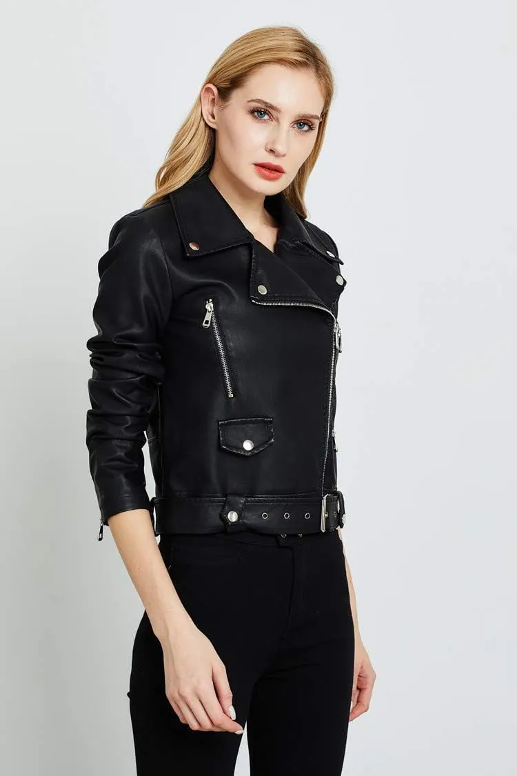 Women's Faux Leather Jacket Motorcycle Moto Bike Belted