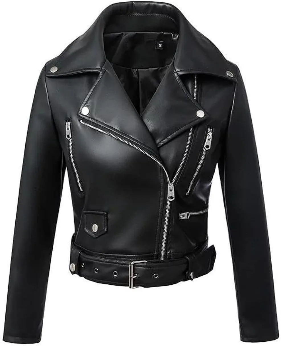 Women's Faux Leather Jacket Motorcycle Moto Bike Belted