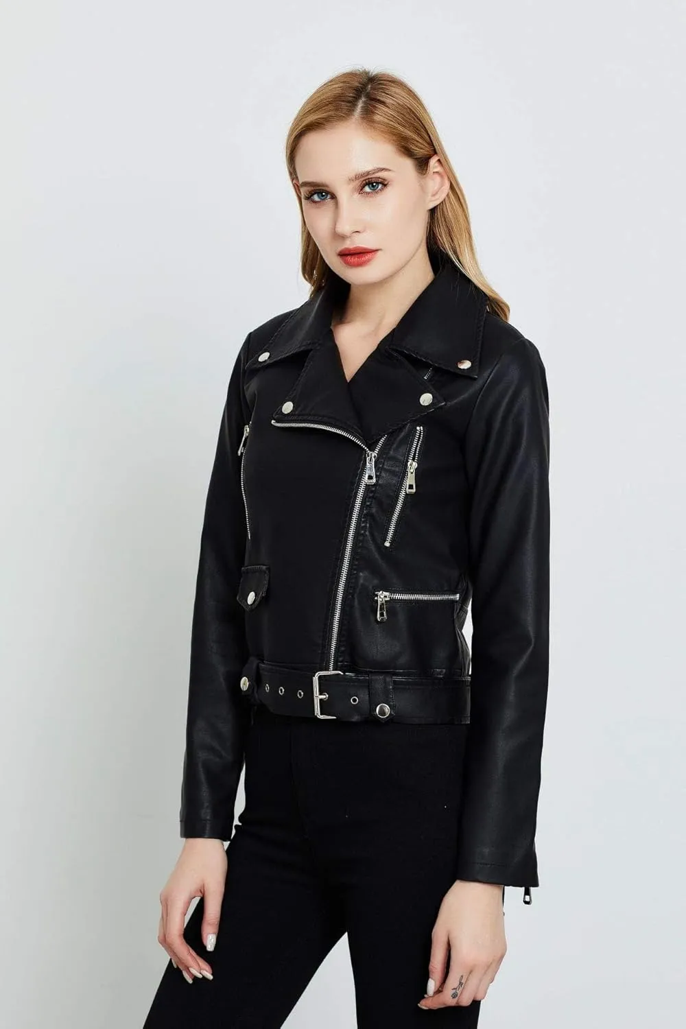 Women's Faux Leather Jacket Motorcycle Moto Bike Belted