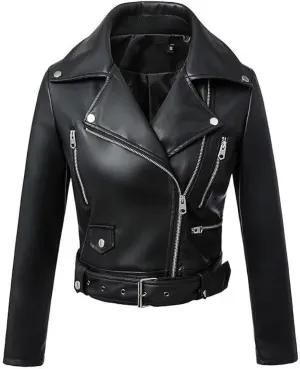 Women's Faux Leather Jacket Motorcycle Moto Bike Belted
