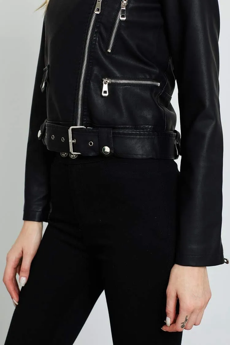 Women's Faux Leather Jacket Motorcycle Moto Bike Belted