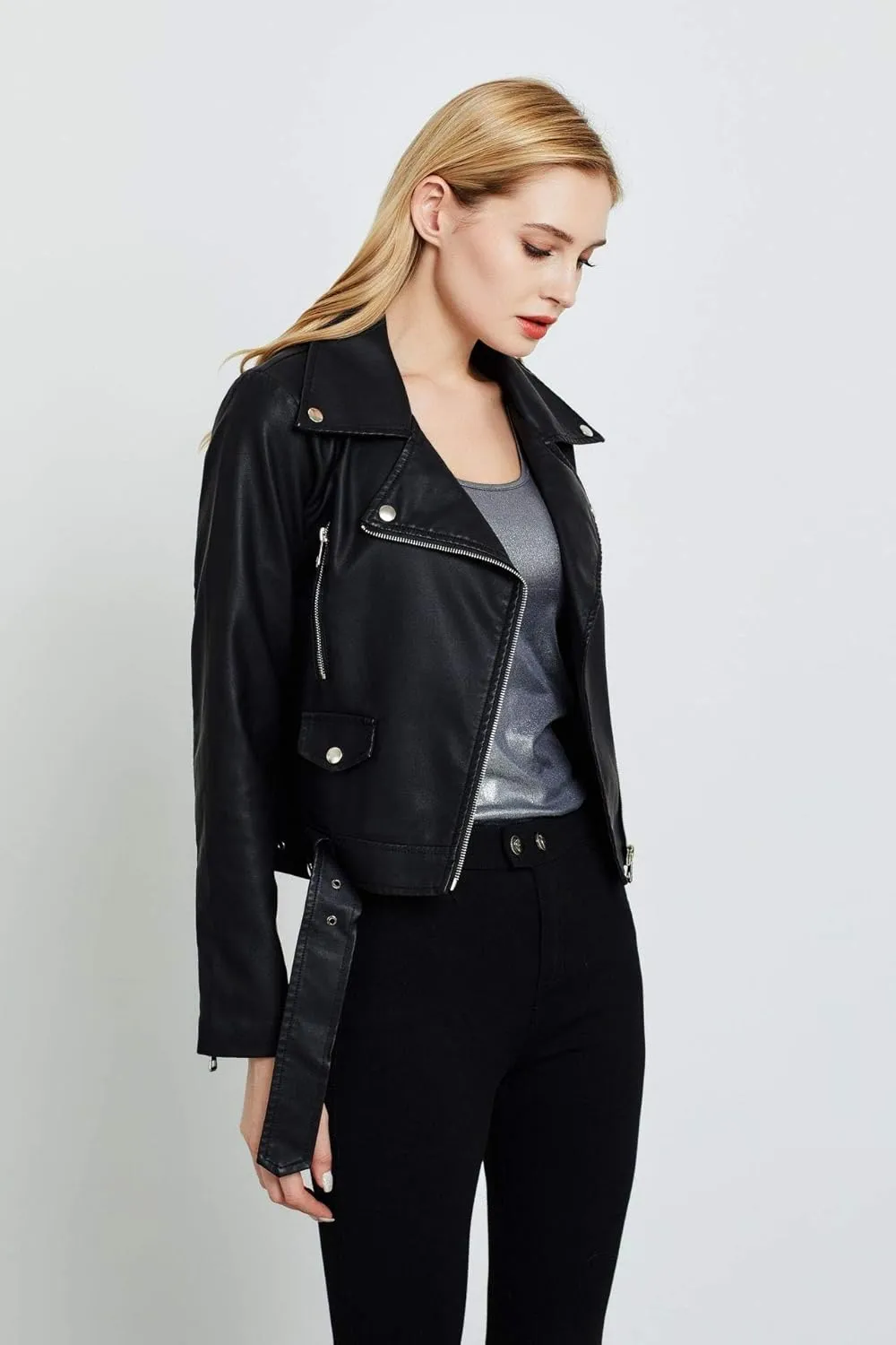 Women's Faux Leather Jacket Motorcycle Moto Bike Belted