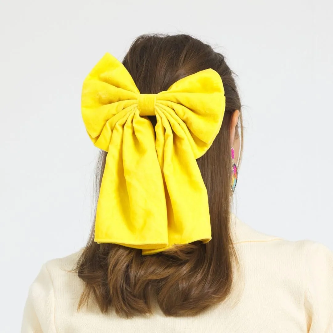 Women's Happiness Is Here Velvet Hair Bow, Handmade, Barrette Clip, Yellow
