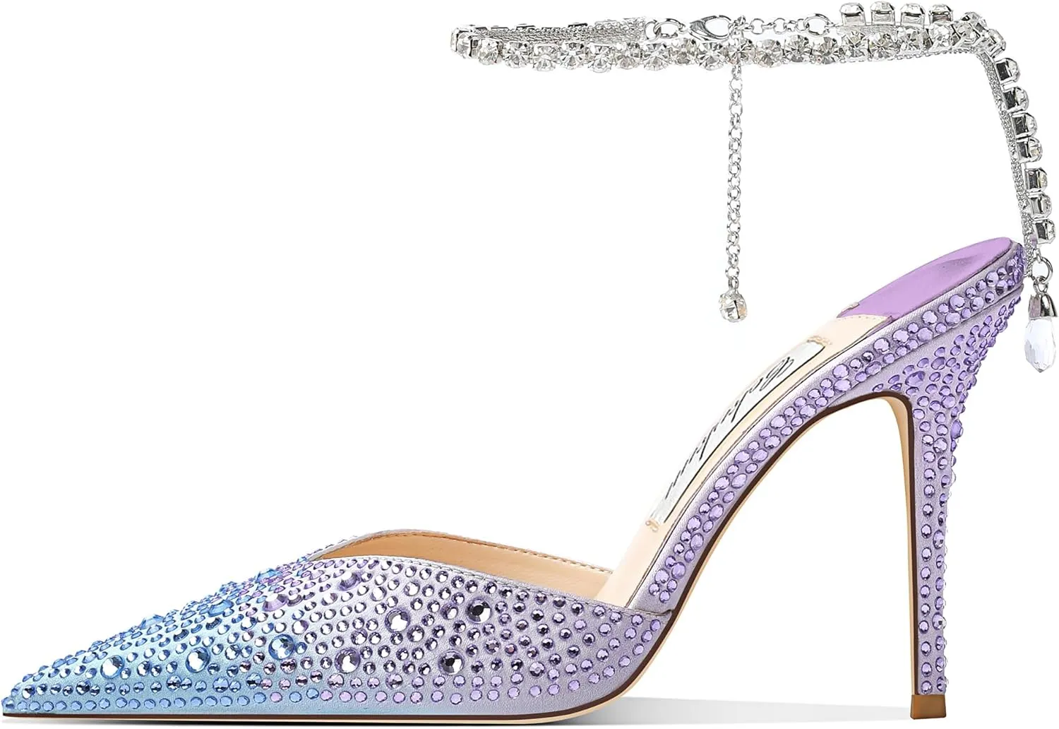 Women's Heeled Sandals Crystal Chain Ankle Straps Rhinestones Buckle High Heels Stiletto Slip On Wedding Party Satin Dress Shoes 3.9 IN
