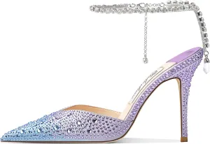 Women's Heeled Sandals Crystal Chain Ankle Straps Rhinestones Buckle High Heels Stiletto Slip On Wedding Party Satin Dress Shoes 3.9 IN