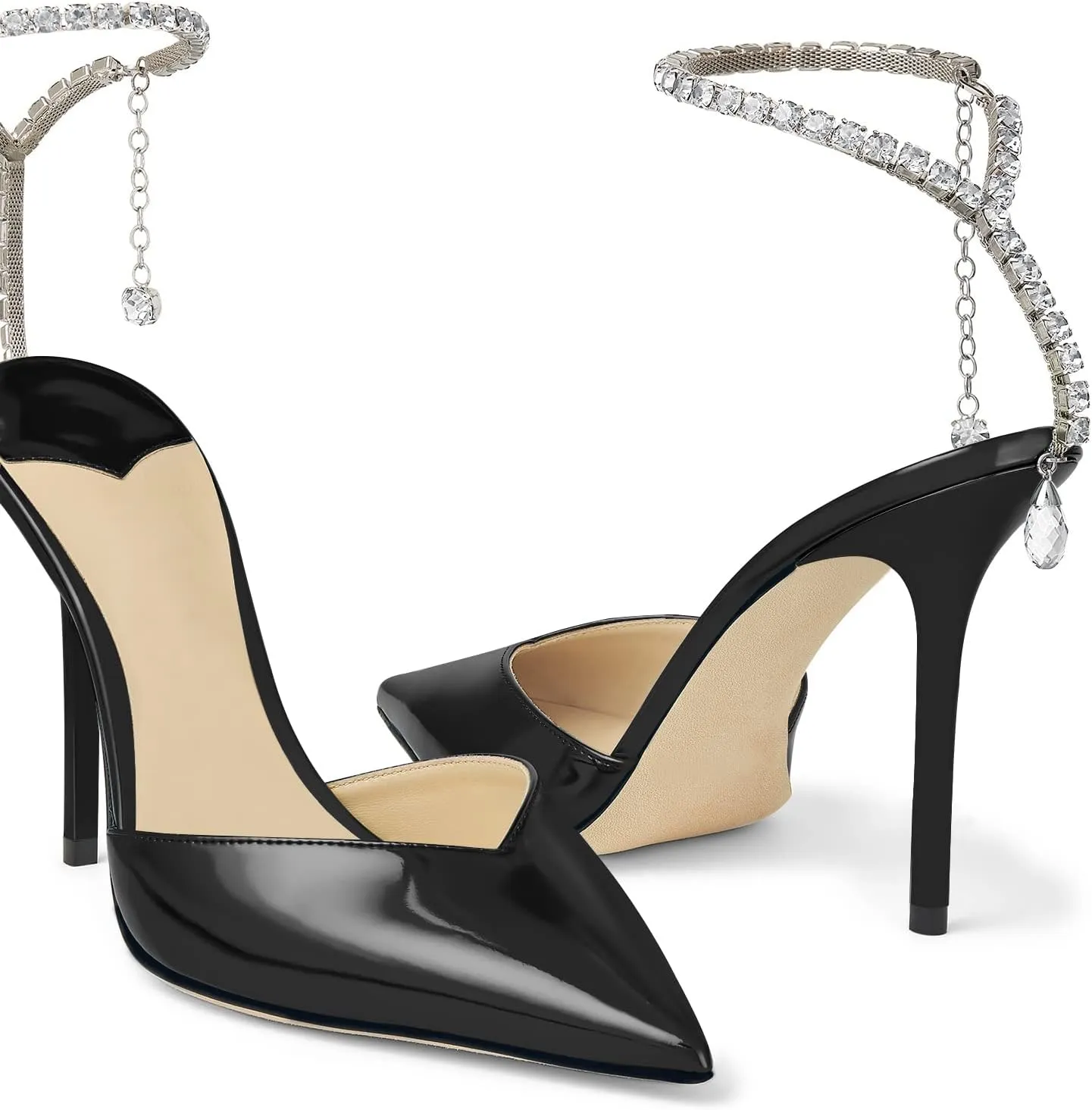 Women's Heeled Sandals Crystal Chain Rhinestone Embellished Strap Pumps Pointy Stilettos Backless Wedding Dressy Bridal Shoes