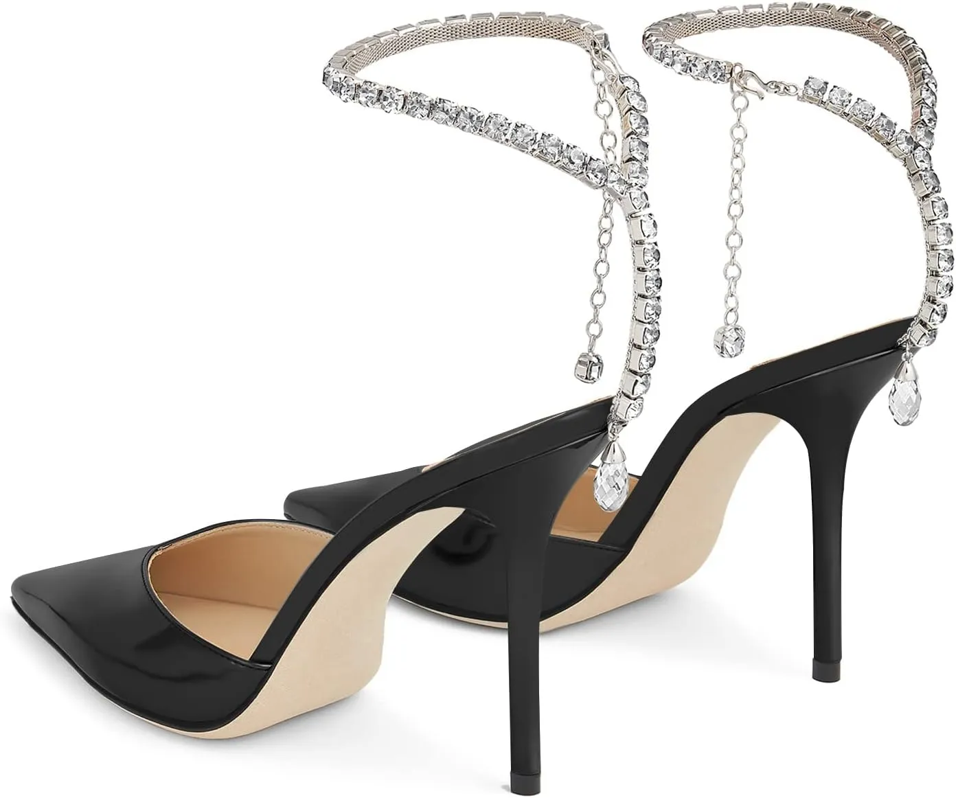 Women's Heeled Sandals Crystal Chain Rhinestone Embellished Strap Pumps Pointy Stilettos Backless Wedding Dressy Bridal Shoes