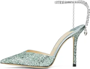 Women's Heeled Sandals Crystal Chain Rhinestone Embellished Strap Pumps Pointy Stilettos Backless Wedding Dressy Bridal Shoes