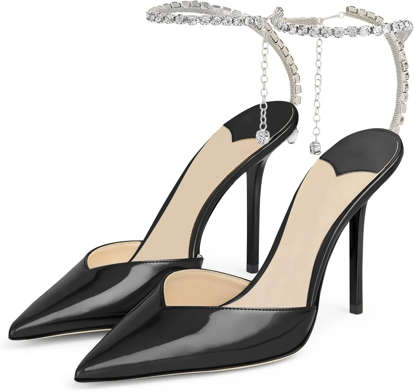 Women's Heeled Sandals Crystal Chain Rhinestone Embellished Strap Pumps Pointy Stilettos Backless Wedding Dressy Bridal Shoes