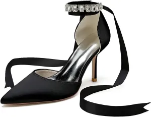 Womens High Heels Ribbon Tie Back Ankle Strap 3.35in D'Orsay Stiletto Wedding Dress Pumps Shoes