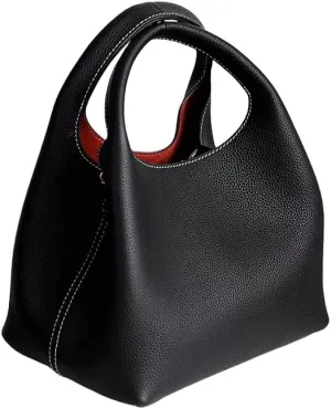 Women's Leather Commuting Bucket Bag Color-blocking Handbag Cowhide Basket Shoulder Crossbody Bag Top Handle Versatile