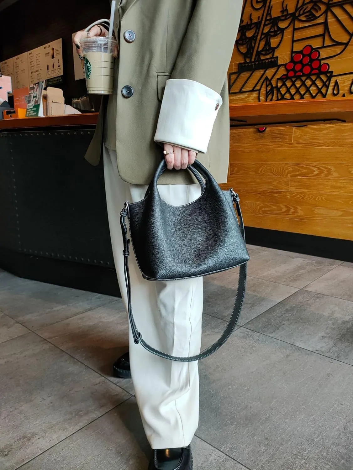Women's Leather Commuting Bucket Bag Color-blocking Handbag Cowhide Basket Shoulder Crossbody Bag Top Handle Versatile
