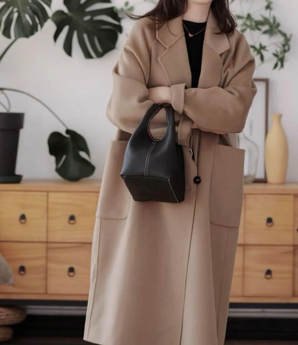 Women's Leather Commuting Bucket Bag Color-blocking Handbag Cowhide Basket Shoulder Crossbody Bag Top Handle Versatile